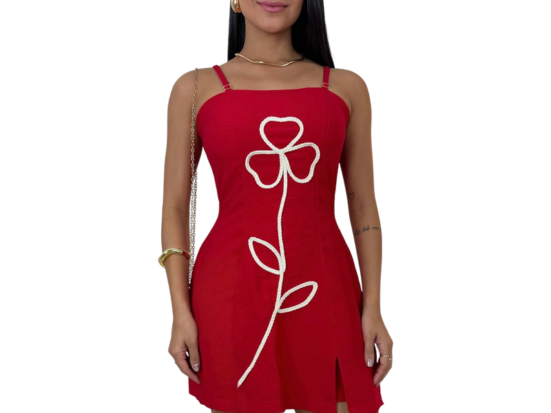 Vestido/Macaquinho Curto em Viscolinho Bordado Floral em Cordão