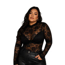 Blusa Plus Size De Renda Manga Longa Gola Alta Preto Sensual