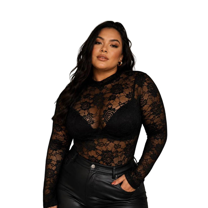 Blusa Plus Size De Renda Manga Longa Gola Alta Preto Sensual