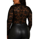 Blusa Plus Size De Renda Manga Longa Gola Alta Preto Sensual