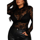 Blusa Plus Size De Renda Manga Longa Gola Alta Preto Sensual
